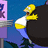 Pixelated image of Homer Simpson holding a large black object, with text overlays on blue background.