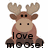 Pixelated moose icon with large antlers, brown body, and black eyes; text "love" in lowercase above "moose" in uppercase on its chest.