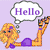 Pixelated cartoon figure with blonde hair and purple accents lies on a light purple background, holding a speech bubble with 'Hello' text.
