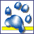 Pixelated blue and white objects resembling water droplets or bubbles float above a yellow horizontal bar on a white background.