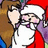 Pixelated image of a Santa Claus figure kissing a woman beneath mistletoe with green text on red background.