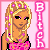 Pixel art contact sheet showing two frames of an animated icon featuring a blonde cartoon woman with pink flowers in her hair and a pink bow dress, next to vertical "Bitch" text on a light pink background.