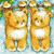 Two pixelated golden-brown teddy bears stand side-by-side against a light blue background with green foliage accents, both smiling with closed eyes and white bellies.
