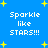 Blue background with yellow star shapes and white text reading "Sparkle like STARS!!!" in pixelated font.