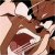 Pixelated close-up of a brown and white animal face with open mouth showing teeth and tongue, set against light background.