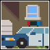 Pixel art depicts a blue and white vehicle with red, green, and blue lights on top, positioned below a window against brown walls.