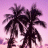 Two dark palm tree silhouettes against a gradient pink and purple sky background with pixelated rendering.