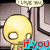 Pixelated yellow cartoon character with large white eyes stands in front of a gray metallic background, displaying text overlays.