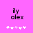 Pixelated text 'ily alex' on bright pink background with white and light purple plus signs below, showing slight animation in sign positions