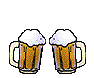 Two pixelated beer mugs with frothy heads clinking together in a sequence of animated frames showing movement and foam splashes.