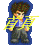 Pixel art character icons with yellow text overlays, each in blue silhouette, arranged in a on gray background