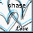 Pixelated icon with blue and gray abstract shapes surrounding black text reading 'chase' at top and 'love' at bottom on white background.