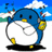 Pixelated blue penguin with yellow beak and feet stands on black ground, holding a yellow object, against blue sky with white clouds and green land.