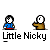 Pixel art of two cartoon figures with text bubbles and changing visual elements above a repeated name label.