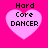 Four identical pixelated heart-shaped icons with 'Hard Core DANCER' text on a bright pink background.