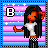 Pixel art of a character with long black hair and orange skin, wearing white shirt and checkered pants against striped background with 'B' symbol.