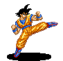 Four pixel-art frames of a character in orange and blue martial arts attire performing sequential kicking poses against a gray background.
