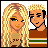 Pixel art contact sheet showing two animated frames of a cartoon couple with blonde hair and brown striped shirt on left, blue background with "sry taken" text on right.