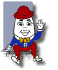 A cartoon character in a red hat, blue jacket, yellow bow tie, and red pants sits on a brick ledge, waving with one hand raised.
