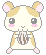Pixel art hamster with light brown and white fur, pink cheeks, black eyes, holding a striped object in front of its chest.