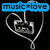 Blue banner with 'music-love' text above a silver heart-shaped pendant containing grayscale headphones on black background.