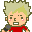 Two pixelated character icons with light green spiky hair, peach skin, and red shirts, side-by-side on gray background.