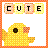Pixel art of a yellow duckling with orange accents and black eye, beneath four blocky letters spelling 'CUTE' on a white background bordered by orange checkered pattern.