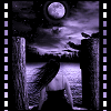 A woman with long dark hair stands between two stone pillars under a full moon, with lightning flashing in the sky.