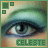 A pixelated close-up of a human eye with green eyeshadow, framed by three small green squares and the text 'CELESTE' at the bottom.