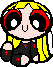 Pixelated cartoon character with yellow hair, black outfit with red crosses, and two distinct facial expressions on a gray background.