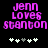 Pixelated text 'jenn loves stanton' in bright pink on black background with white and gray plus signs below, two versions differ by sign positions.