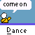 Pixelated character in yellow shirt with white head performs various dance poses across multiple speech bubbles containing text phrases like "come on" and "Dance let the music take control."