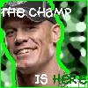 A static image shows a person wearing a dark cap with a green border, smiling broadly with visible teeth, and text reading 'THE CHAMP IS HERE' in white pixelated letters.