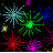 Pixelated starburst shapes in multiple colors on a black background, with some elements appearing to shift slightly between frames.
