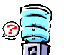 Animated sequence of a blue and white cylindrical object with speech bubbles containing red question marks and exclamation points against gray background.