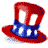 Static pixelated icon of a red, white, and blue top hat with white stars on the band.