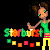 Pixel art icon of a woman in green top and yellow pants with 'Starburst' text below, surrounded by colored squares on black background.