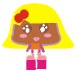 Six pixelated cartoon figures with yellow hair, red hair bows, brown faces, and pink cheeks stand in two against a gray background