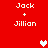 Red background with white text 'Jack + Jillian' repeated twice, two pixelated hearts in white and pink, static image with no animation.