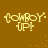 Pixelated text 'COWBOY UP!' in light yellow on brown background with scattered small dots.