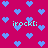 Pixelated pink background with scattered light blue hearts and repeated cyan text 'irockl:' in multiple positions.