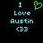 Pixelated cyan text 'I Love Austin <33' on black background with green heart symbol above 'I' in left