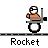 Pixelated character in orange shirt and white helmet rides a wheelchair with rocket propulsion, showing sequential animation frames of flame effects.
