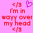 Pixelated pink background with red text and a purple heart symbol, displaying 'I'm in wayyy over my head' repeated twice.