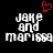 Pixelated text 'JAKE and marissa' in white on black background with red heart symbol above left text block.