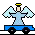 Pixelated angel figure with light blue wings and robe, yellow halo, black outline, standing on a blue cart with two wheels against gray background.