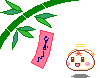 Pixel art character with angel wings and halo, smiling face, pink cheeks, red star on forehead, holding or near a pink banner with blue symbols, green bamboo branch in background.