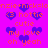 Pixelated pink background with repeated orange text and purple hearts in a pattern