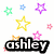 Pixelated star-themed icon with multiple colored stars and a nameplate reading 'ashley' in bold black-and-white lettering.