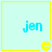 Four identical light cyan squares with yellow borders, each containing blue text 'jen' and a yellow Pac-Man-like symbol at the bottom right.